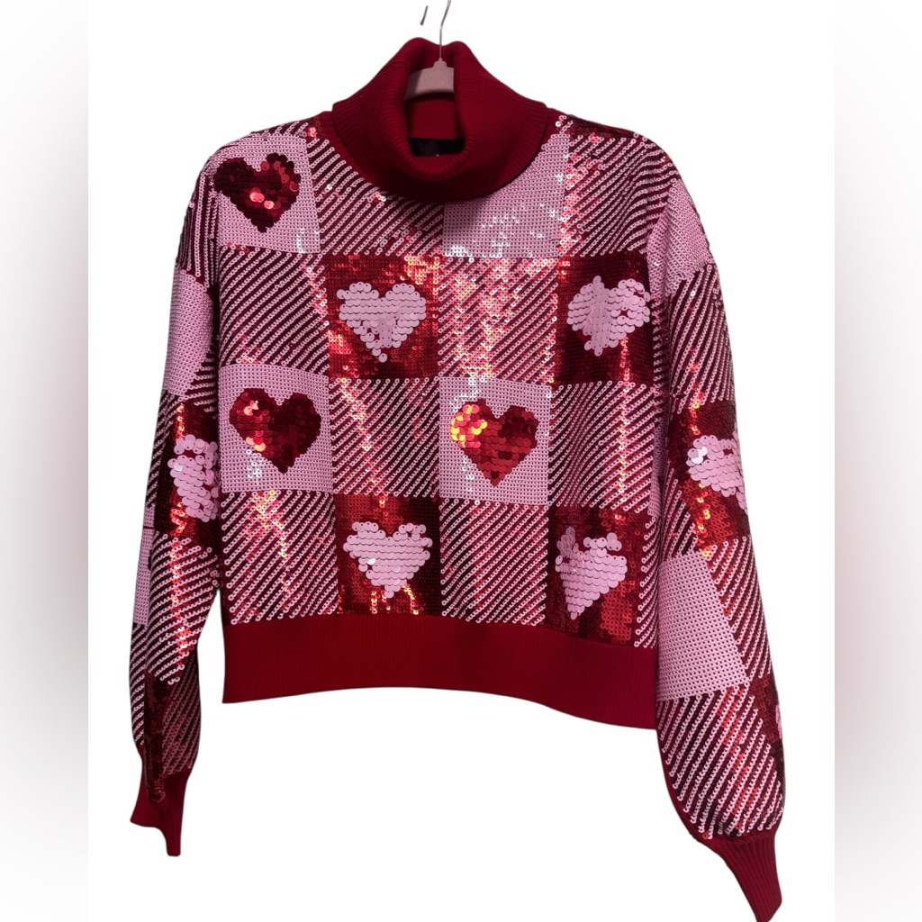Brianna Cannon Red And Pink Heart Sequin Sweater Size Small Nwt